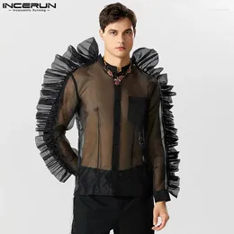 Men's Casual Shirts Stylish Style Tops INCERUN Fashion Sexy Pleated Mesh Handsome Male Patchwork Long Sleeved Blouse S-5XL 2023