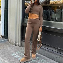 Women's Two Piece Pants Casual Crop Top High Waist Pleated Slim Streetwear Women Matching Sets Outfits Ruched Lounge Wear Solid 2 Set