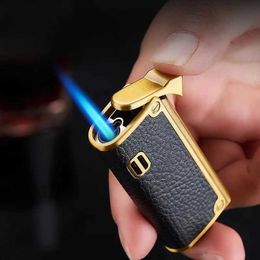 New Genuine Leather Cigar Punch Lighters Refillable Windproof Gentlemen Jet Flame Cigarette Torch Embossed Windproof Lighter