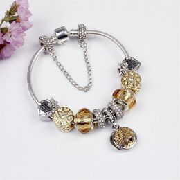 Whole-Glass Charm Bracelets Bead Christmas yellow Flower CZ Crystal Charms Dangle For Women Original DIY Jewellery Style Fit Pan238D