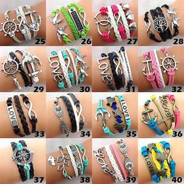 whole mix different styles 30pcs retro women's alloy and leather Multilayer Handmade Cuff Bracelets Brand New291h