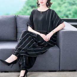 Women's Two Piece Pants 2024 Spring And Summer Silk Satin Short Sleeve Set Loose Slim Vintage