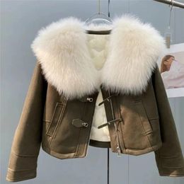 Women's Fur 2024 Winter Lamb Sheepskin Patchwork Coat Faux Leather Jacket Streetwear Loose Warm Motorcycle Biker Parka