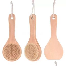 Bath Brushes Sponges Scrubbers Dry Body Brush Back Scrubber Anti-Slip Short Wooden Handle Natural Bristles Shower Exfoliating Mas Dhnwr