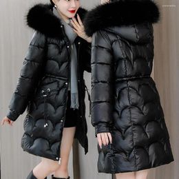 Women's Trench Coats Women Winter Cotton Coat Thickened Padded Faux Fur Hood Outerwear Slim Fit Mid Length Hooded Zipper Closure Pockets