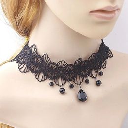 Chains Sexy Black Lace Flower Waterdrop Rhinestones Pendant Women Girl Torques Short Necklaces Accessories For