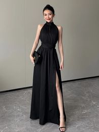 Black Sexy Club Pleated Halter Split Dres 2023 Fashion Sleeveless Summer Lace Up High Waist Birthday Evening Party 231222