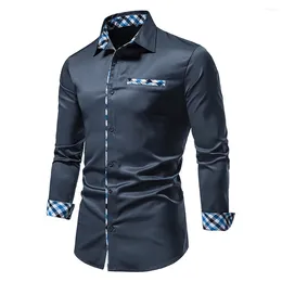 Men's Casual Shirts Formal Business For Men Plaid Patchwork Slim Fit Long Sleeve Single Breasted Social Shirt Blouses Tops Man Clothing