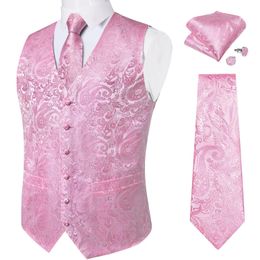 Jackets 2023 New Pink Paisley Solid Men's Waistcoat Neck Tie Set Pocket Square Cufflinks Business Wedding Party Tuxedo Silk Vests