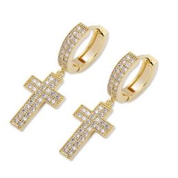 Cubic Zirconia Bling Ice Out Cross Earring Gold Silver Copper Material Earrings for Men Women Hip Hop Rock Jewelry269z