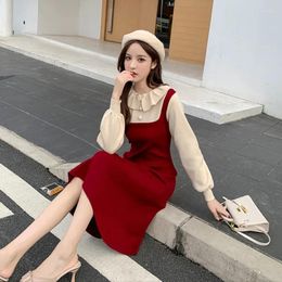 Casual Dresses 2023 Long Sleeves France Style Elastic Mini Dress Women Fashion Elegant Chic Lady Party Evening Knit Sweater Femme Red