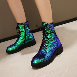 Size 41-43 Winter Women Boots Sequins Gradient Colour Shoes Fashion Thick Soles Spring Silver Stage Walks Glossy High Top Shoes 231225