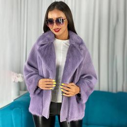 Jackets Real Mink Fur Coat Cardigan Sweater English Collar Winter Natural Fur Women Short Long Sleeve Knitted Sweater Womens Jackets