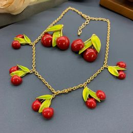 Vintage red cherry Dripping Oil Necklace Earrings Fresh and elegant girl jewelry 231222