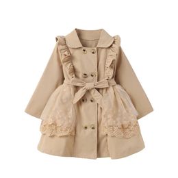FOCUSNORM 2-7Y Autumn Winter Kid Girls Trench Coat Lace Mesh Patchwork Long Sleeve Lapel Ruffle Double Breasted Windbreaker 231225