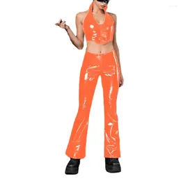 Women's Two Piece Pants Wetlook PVC Leather Sexy Backless Halter Crop Tops And High Waist Flared Party Club Pant Sets Women Outfits 7XL