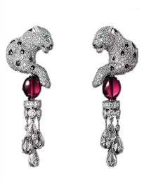 Dangle Chandelier S925 Leopard Animal Earring Paved Cubic Zirconia Panther Waterdrop Tassel With Crystal Ball Earrings For Women1720356