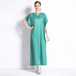 Summer Loose Maxi Dress With Belt Women Bat Sleeve Letter Print Lace Up Holiday Long Robes Slash Neck Party Vestidos