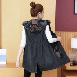 Jackets Color Matching Denim Hooded Waistcoat Women's 2023 Spring New Loose Sleeveless Jacket Plus Size Female Casual Vest Outwear Tops