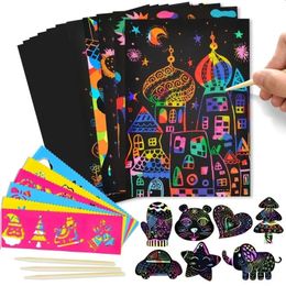 50 Sheets Scraping Painting Papers Kids DIY Craft Drawing Magic Rainbow Colour Scratch Art Paper Card Set with Graffiti Stencils 231225