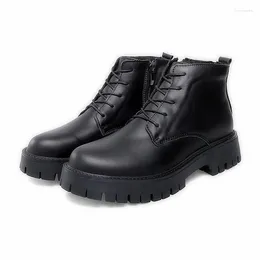 Boots Men Genuine Leather Platform Pure Black Ankle Height Increasing Casual Plus Big Size 47 48 Autumn Winter Plush Cow