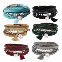 Charm Bracelets Multi-layer PU Leather Braided Plastic Pearl Tassel Crystal Bracelet 1Pc