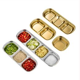 Stainless Steel BBQ Meat Sauce Single Grid Dishes Food Sushi Seasoning Separate Plates 2/3/4 Grids Roast Pepper Condiment Tray BHFF8668