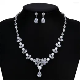 Necklace Earrings Set CZ Cubic Zirconia Bridal Wedding Flower Earring With Real Pearls Women Prom Jewelry Accessories