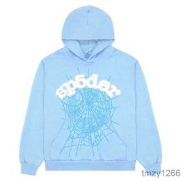 2023 Sp5der 555555 Hoodies Mens Womens Angel Number Puff Pastry Printing Graphic Spider Web Sweatshirts Streetwear Top Clothing Light Blue FTT4