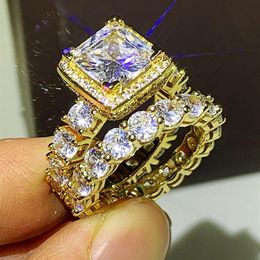 Sparkling Luxury Jewelry 925 Sterling Silver&Gold Fill Princess Cut White Topaz CZ Diamond Gemstones Women Wedding Bridal Ring Set233z