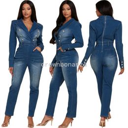 2024 Designer Denim Jumpsuits Women Fall Winter Long Sleeve Rompers Zipper Turn-down Collar V-neck Jeans One Piece Overalls Bulk Wholesale Clothing