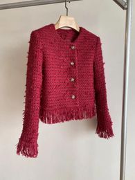 Women's Jackets 2024 Spring Wear Vintage Tassel Christmas Red Wool Woven Custom Shining Metal Drill Buckle Coat 1218