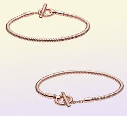 925 Sterling Silver Rose Gold Moments T-Bar Chain Bracelet Fit Authentic European Dangle Charm For Women Fashion DIY Jewelry2597539