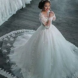 Stunningbride 2024 Amazing Tulle Sheer Long Sleeves Jewel Neckline Ball Wedding Dresses With Beaded Lace Appliques Luxury Bridal Gowns
