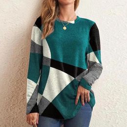 Women's T Shirts Elegant Geometric Printing Contrasting Colours Jumper Lady Casual O Neck Long Sleeve Tops Pullover Fashion High Street Loose