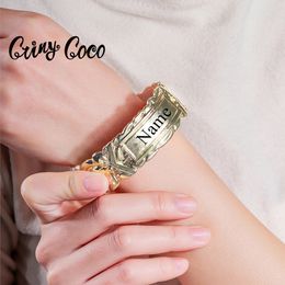 Cring Coco Hawaiian Custom Name Bracelet Women Wide Plumeria Flower Bangle Personalised Polynesian Jewellery for Grandmother Mom 231225