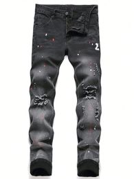 Men Black Skinny Denim Spot Jeans Male Ripped Stretch Fit Slim Trousers Long Pants Streetwear Casual 231222