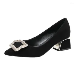 Dress Shoes Size 30-44 Block Heel Suede Black 5cm Low Heels Rhinestone Pointed Women Work