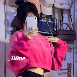 Women's Hoodies Short Length Sweatshirts Rose Red Letter Long Sleeve Hooded Tops Korean High Waist Sudadera Mujer Crop Top Y2k Pullovers