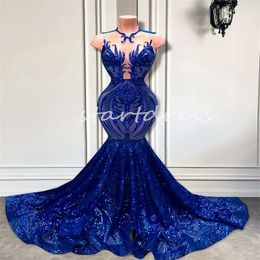 Royal Blue Mermaid Prom Dresses For Black Women Sparkly Sequined Formal Occasion Dresses Evening Gown Sleeveless Birthday Party Vestidos Para Mujer Robes De Soiree