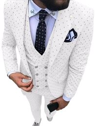 Jackets White Men's Poika Dot Suit 3pieces Latest Coat Pant Designs Notch Lapel Tuxedos Groomsmen for Wedding/party(blazer+vest+pants)