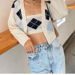 Women's Knits 2023 Ladies Retro Plaid Knit V-neck Single-breasted Cardigan Sweater Sexy Diamond Cheque Chest Wrap