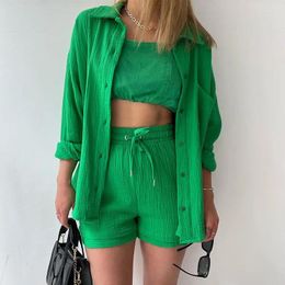 Women's Two Piece Pants Versatile Women Wrinkled Collar Long Sleeved Shirt High Waisted Drawstring Shorts Fashionable Casual Two-piece Set