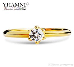 YHAMNI Real Pure 925 Sterling Silver Wedding Rings Gold Color Cubic Zirconia Solitaire Band Engagement Rings For Women XJR040180539787033
