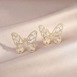 Stud Earrings Korea Design Fashion Jewelry 14K Real Gold Plated Zircon Hollow Butterfly Sweet Girl Women's Daily Accessories