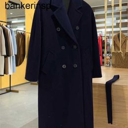 Top Luxury Coat Maxmaras 101801 Pure Wool Coat Classic Navy Double breasted Cashmere Coat for Men and Women's High end Long Outwear2XKY