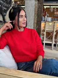 Women's Sweaters Retro Christmas Red Cropped Pockets Sweater Women Chic Long Sleeve Pullovers Female Fashion O-Neck Warm Knitted Lady Jumper