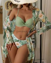 Bikinis Set Floral Print Bikini Set Women Low Waist Twist Swimsuit Long Sleeve Cover Up Three Pieces 2023 Summer Beach Bathing Suit SwimwearL231225