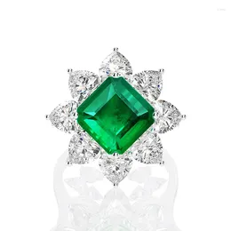 Cluster Rings S925 Sterling Silver Retro Luxury Square Emerald Diamond Ring Female High-end