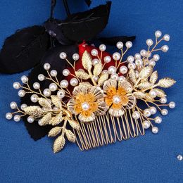 Golden Flower Hair Comb Pearl Wedding Headdress For Women Retro Princess Hairpin Bride Prom Hair Ornament Lady Marrige Jewelry